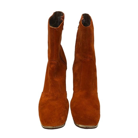 SOLD Vintage 60s Retro Burnt Orange Suede Leather Square Toe Chunky Heel Boots - Picture 5 of 12